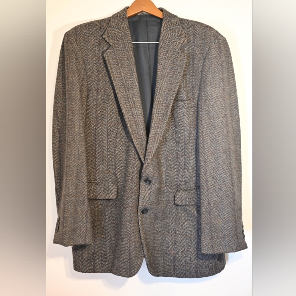 Haggar Imperial Tweed Plaid 100% Wool Textured Blazer Sport Coat USA Made 44L